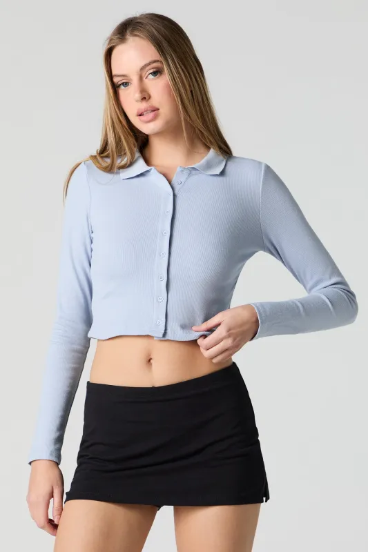 Ribbed Button Front Cropped Long Sleeve Top sold by Urban Planet