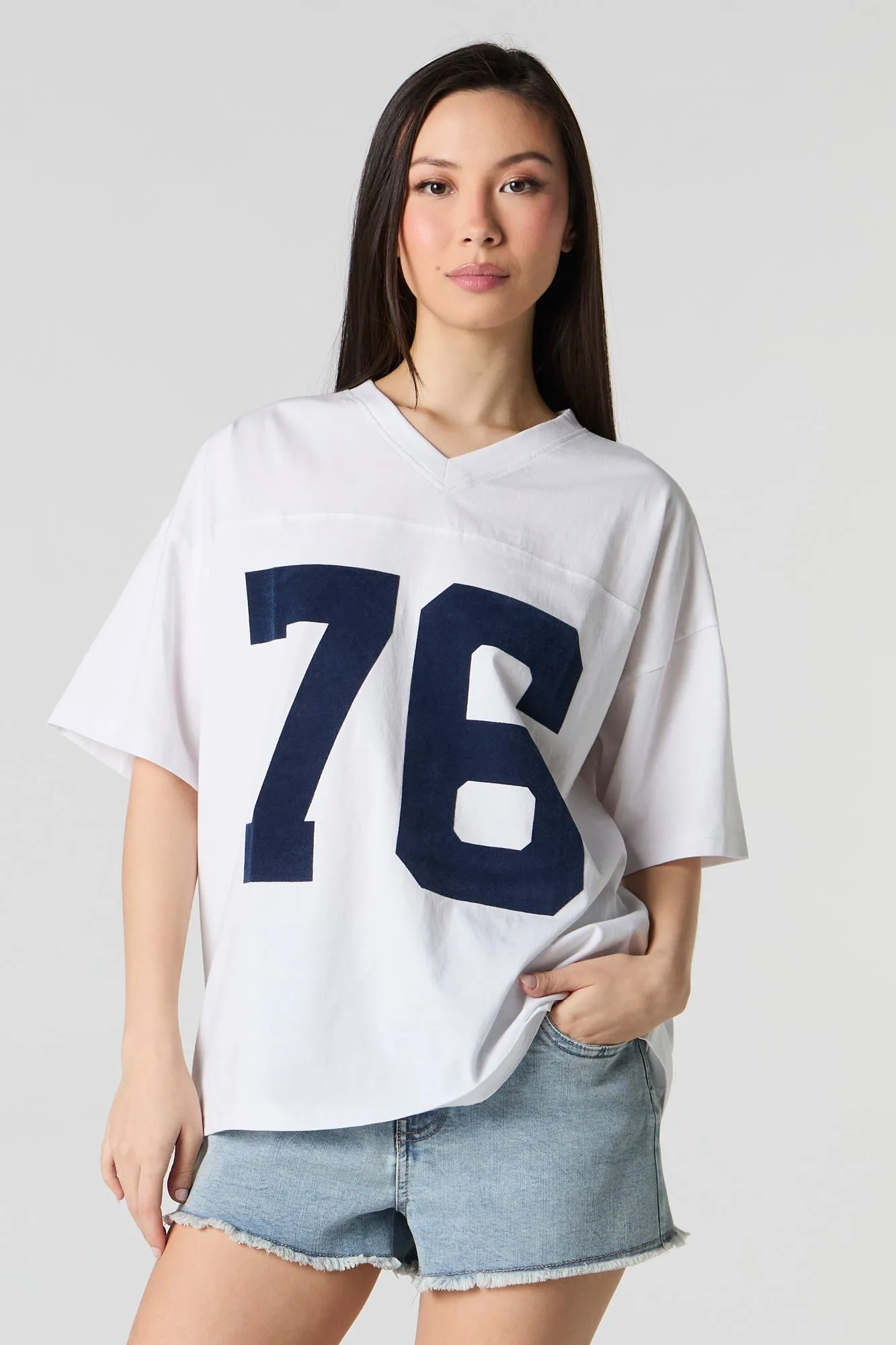 76 Flocked V-Neck T-Shirt sold by Urban Planet