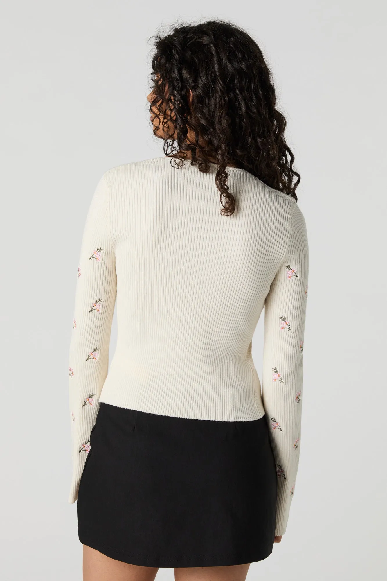 Ribbed Knit Floral Embroidered Tie Front Cardigan sold by Urban Planet product image thumbnail 2