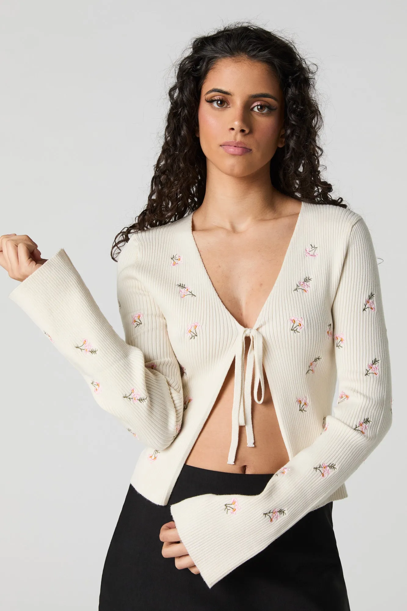 Ribbed Knit Floral Embroidered Tie Front Cardigan sold by Urban Planet