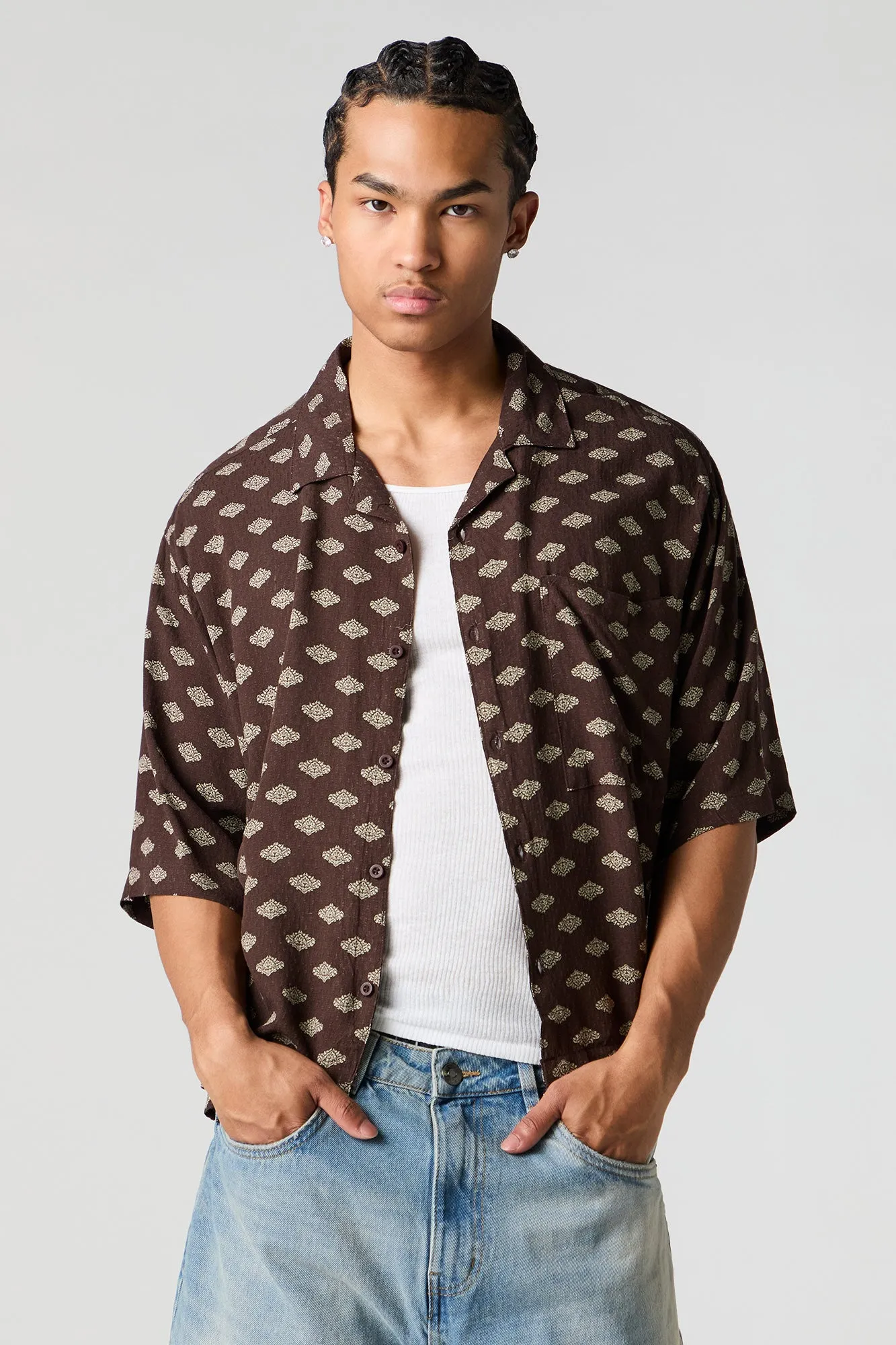 Printed Boxy Button-Up Top sold by Urban Planet
