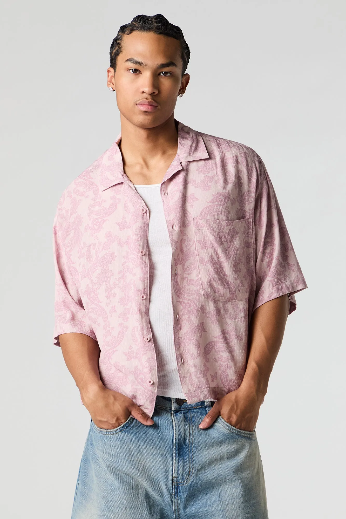 Pink Paisley Print Boxy Button-Up Top sold by Urban Planet