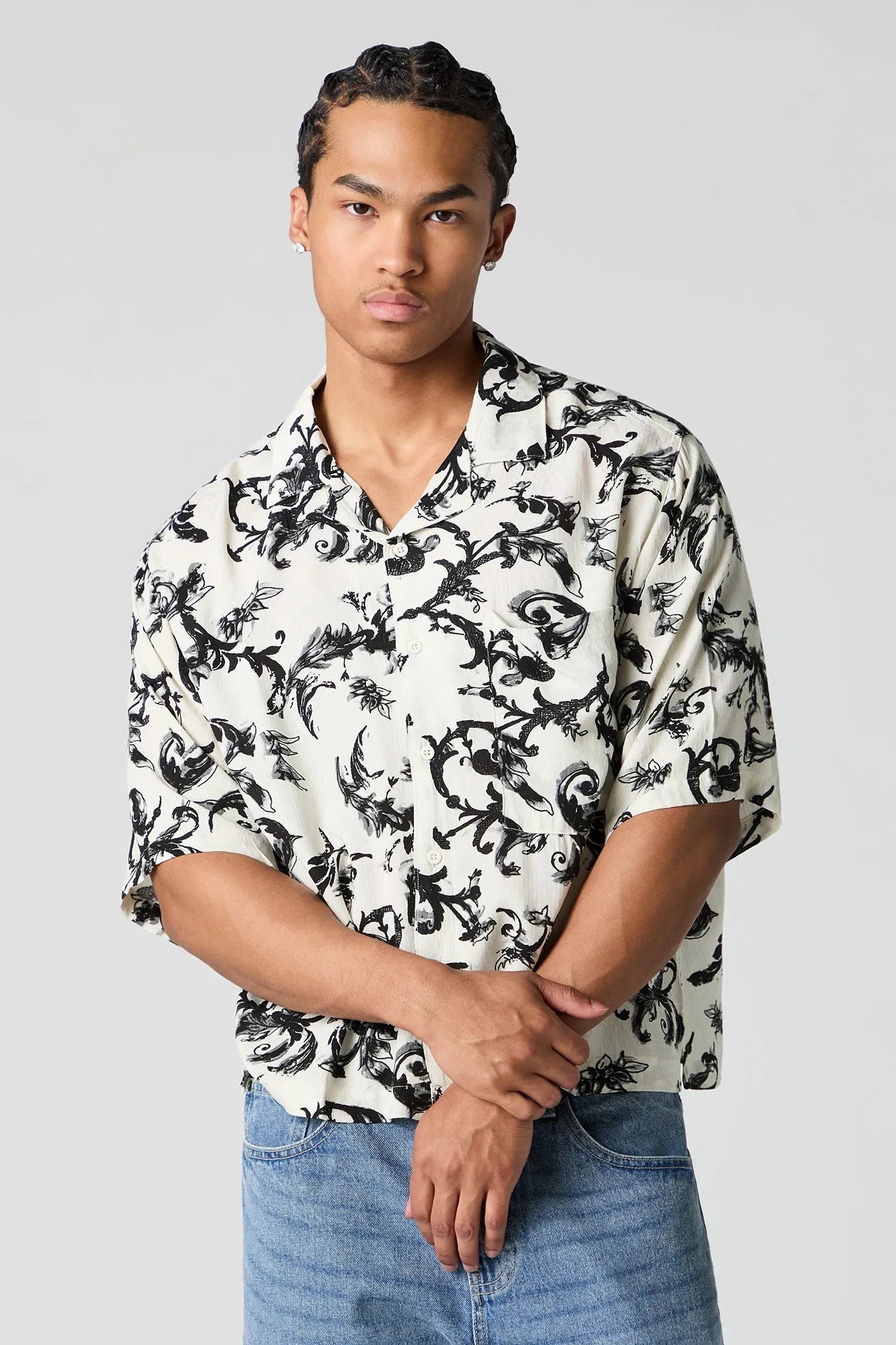 Floral Print Boxy Button-Up Top sold by Urban Planet