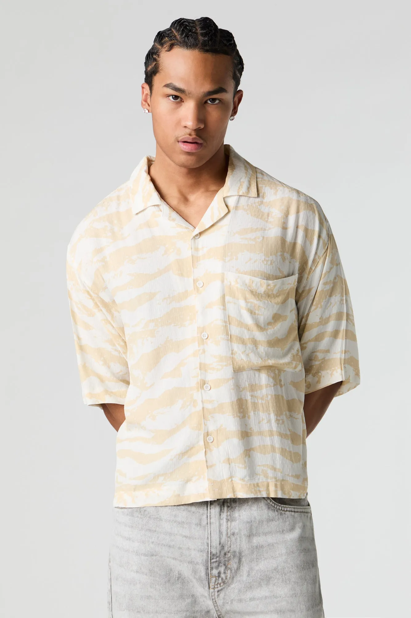 Cloud Print Boxy Button-Up Top sold by Urban Planet