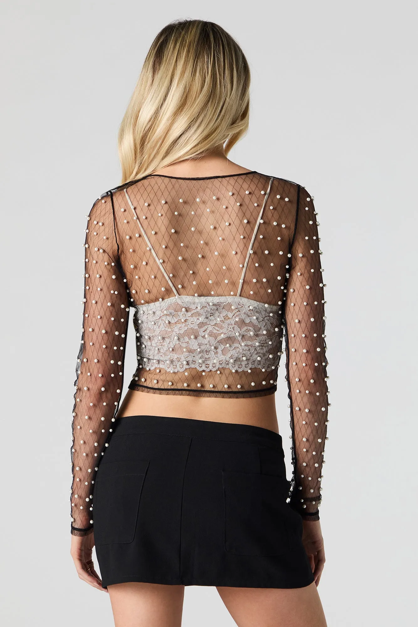 Sheer Mesh Faux Pearl Long Sleeve Top sold by Urban Planet product image thumbnail 2