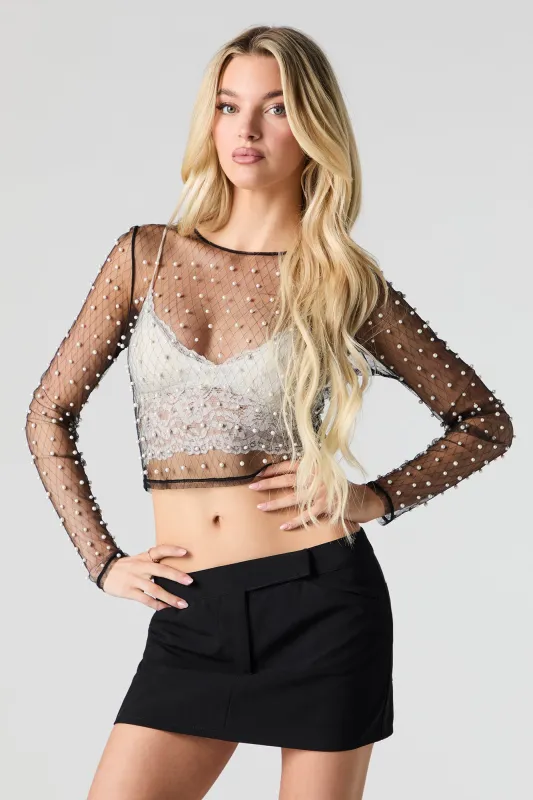 Sheer Mesh Faux Pearl Long Sleeve Top sold by Urban Planet