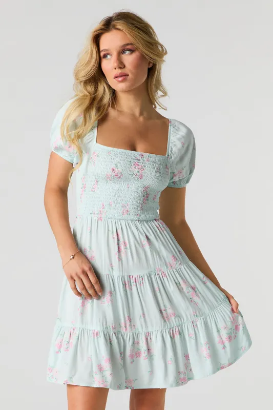 Floral Puff Sleeve Tiered Mini Dress sold by Urban Planet