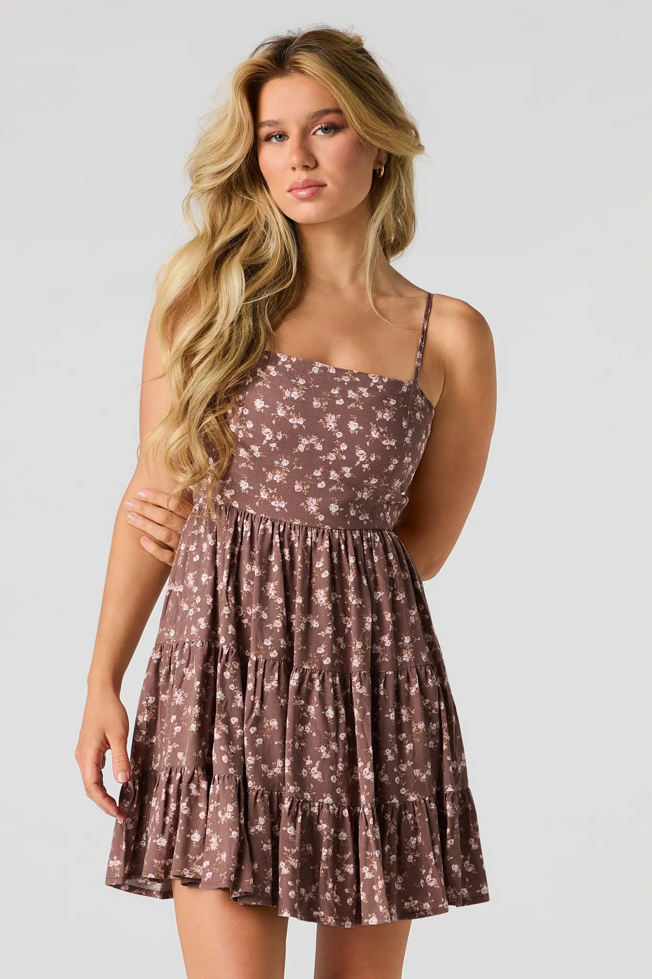 Floral Tie Back Tiered Mini Dress with Built-In Cups sold by Urban Planet product image thumbnail 5