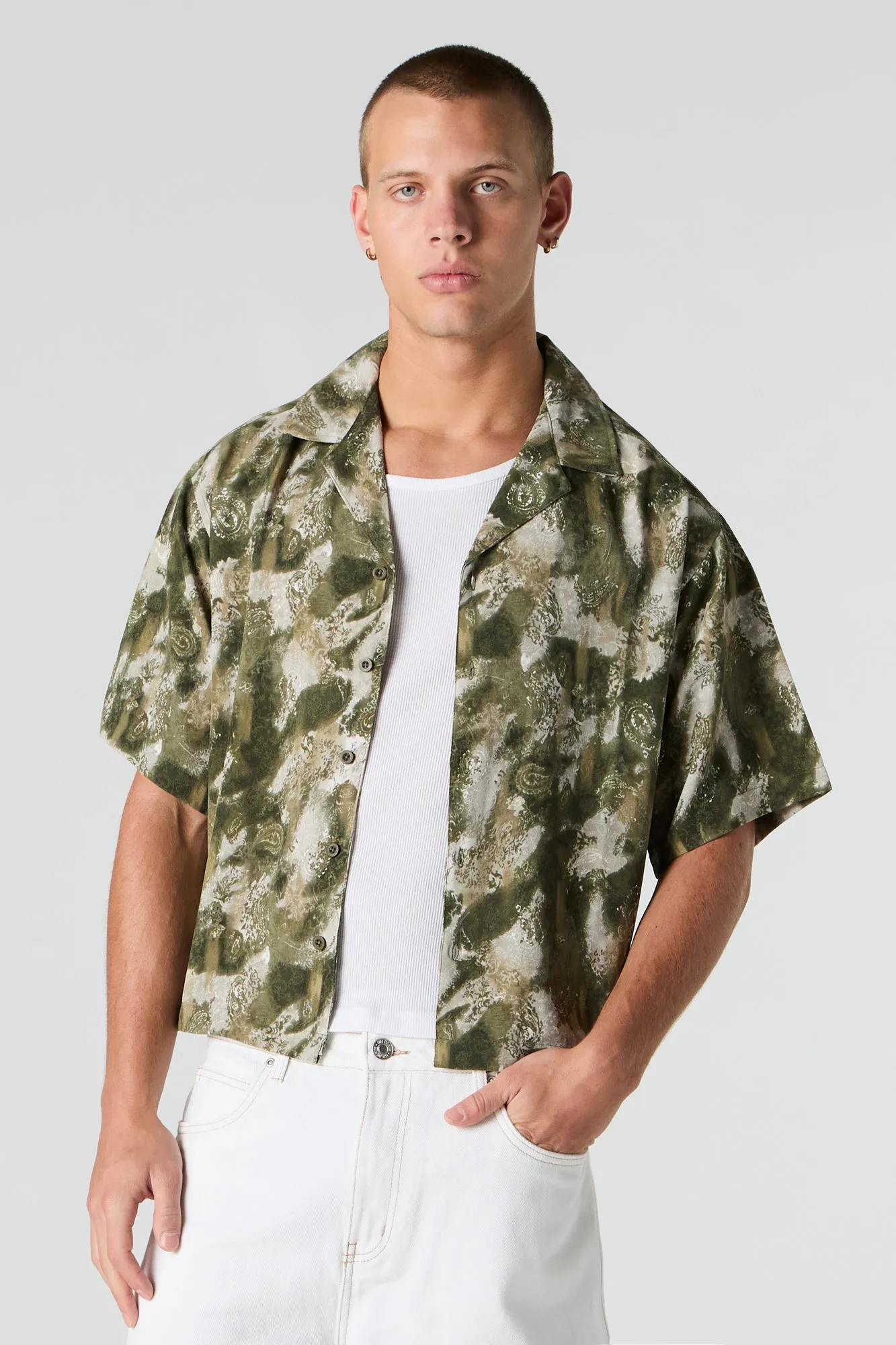 Printed Boxy Short Sleeve Button-Up Top sold by Urban Planet