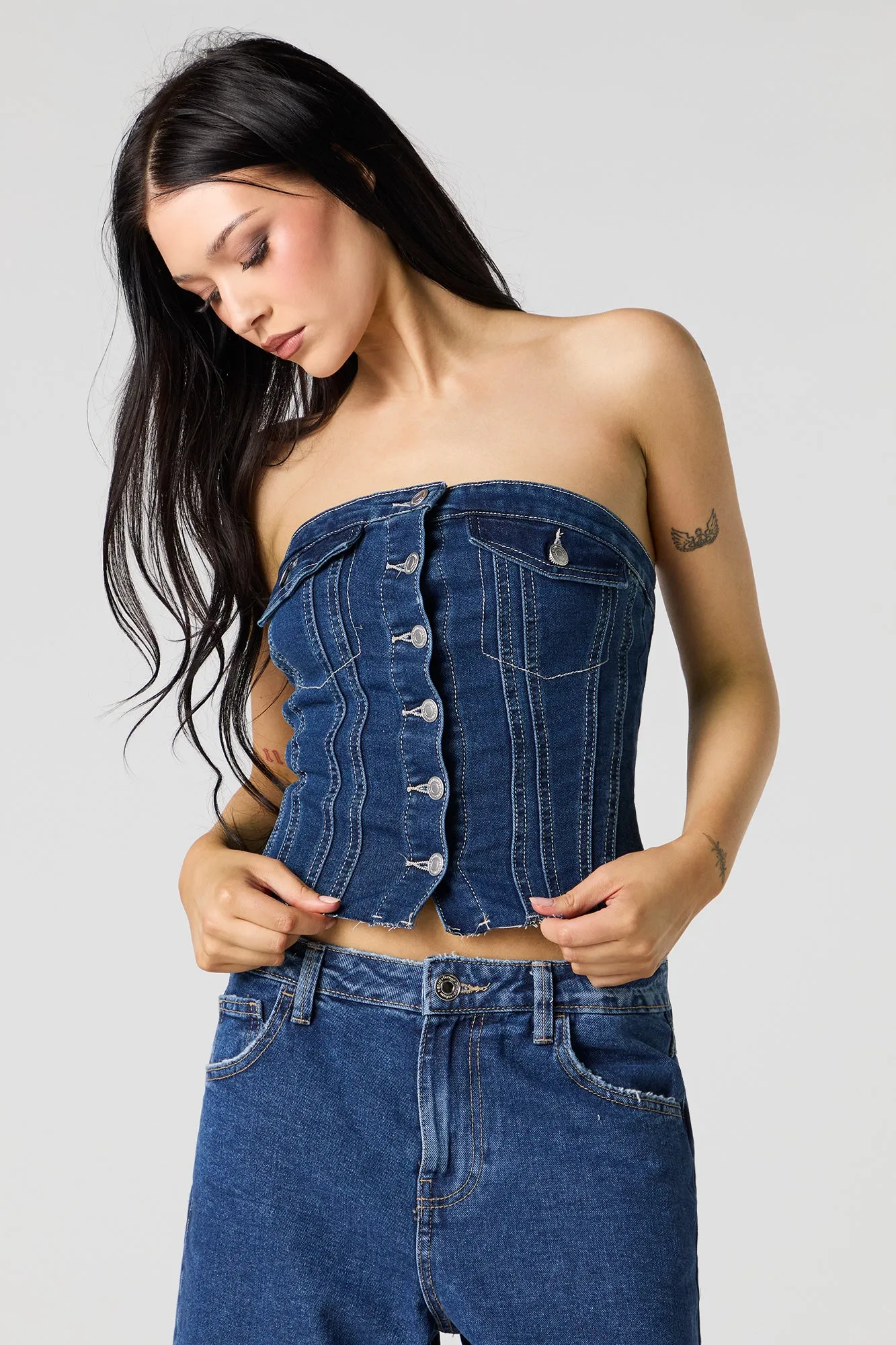 Button Front Denim Tube Top sold by Urban Planet product image thumbnail 4