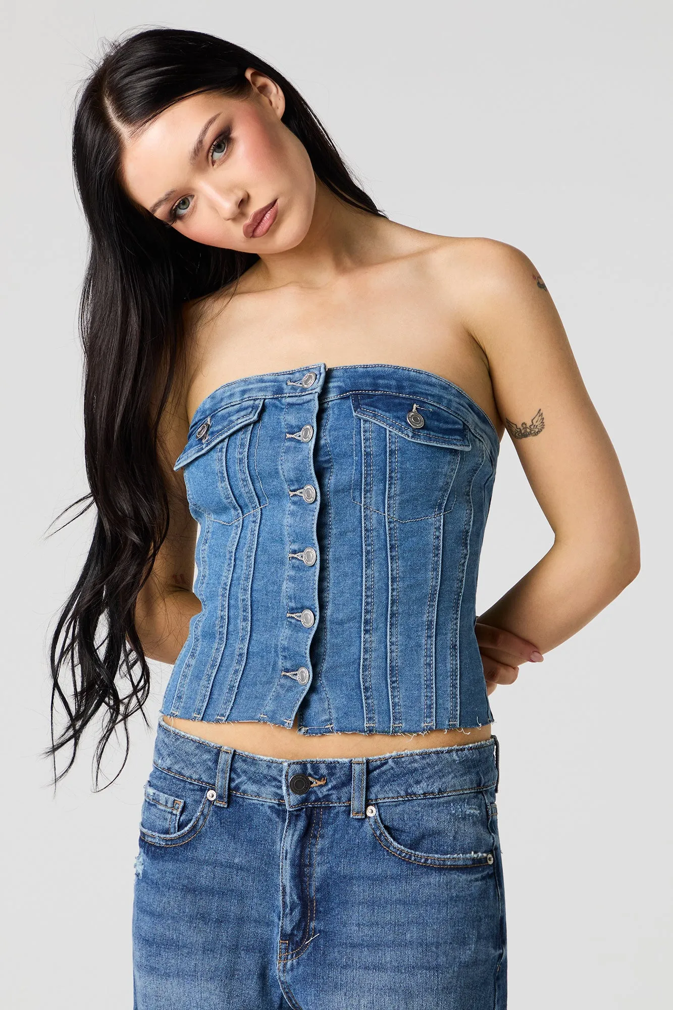 Button Front Denim Tube Top sold by Urban Planet product image thumbnail 5