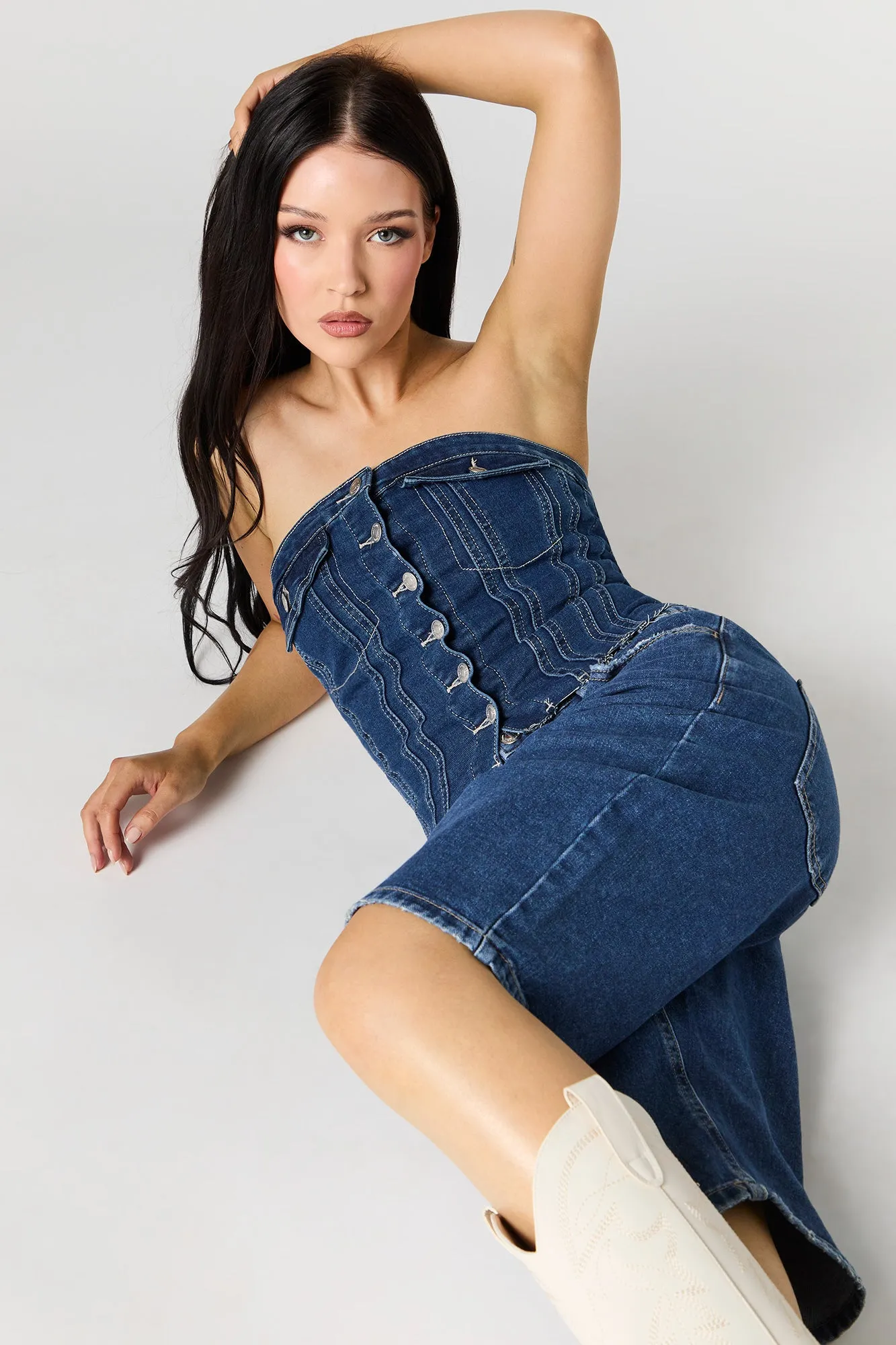 Button Front Denim Tube Top sold by Urban Planet