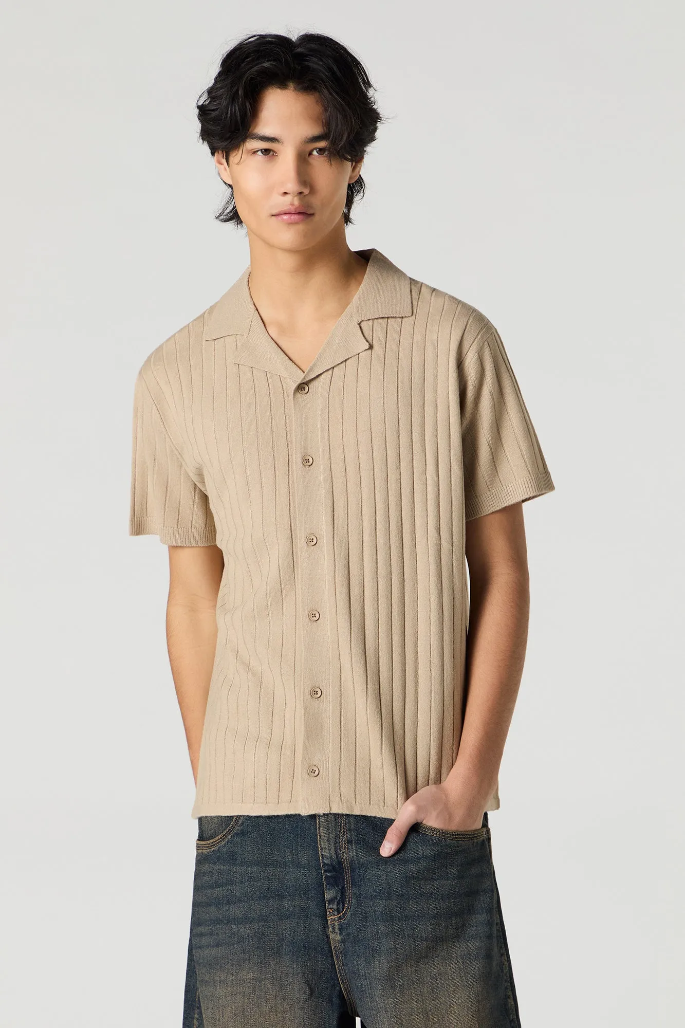 Wide Ribbed Knit Button-Up Top sold by Urban Planet
