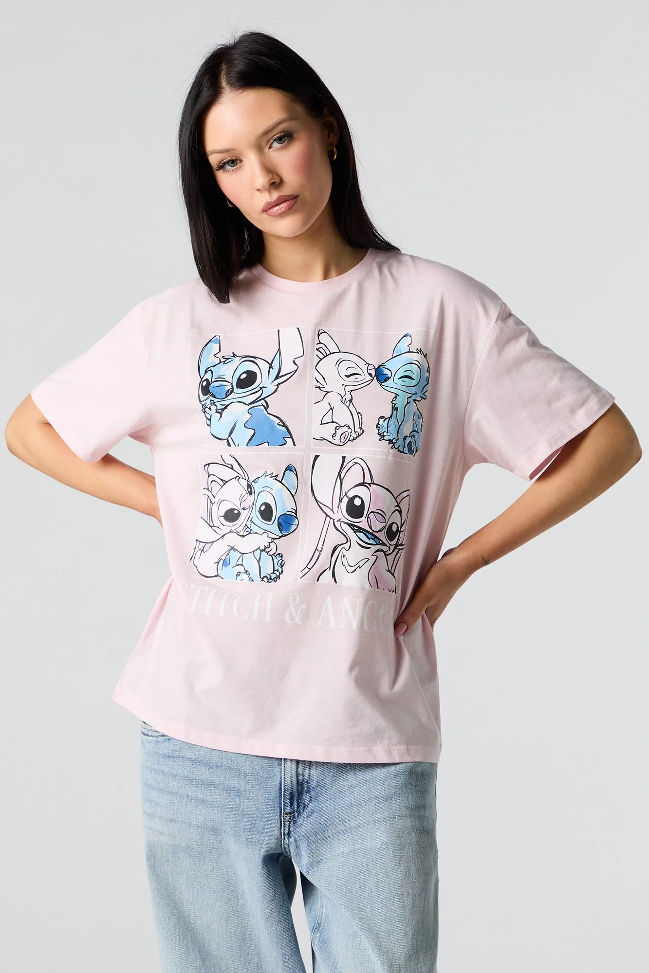 Stitch & Angel Graphic Pink Boyfriend T-Shirt sold by Urban Planet