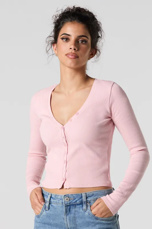 Ribbed V-Neck Button-Up Long Sleeve Top sold by Urban Planet