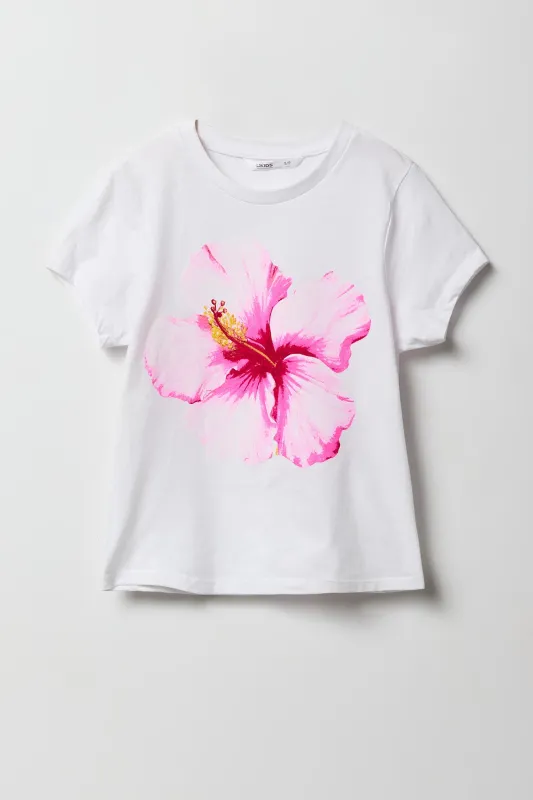 Girls Pink Hibiscus Graphic T-Shirt sold by Urban Planet