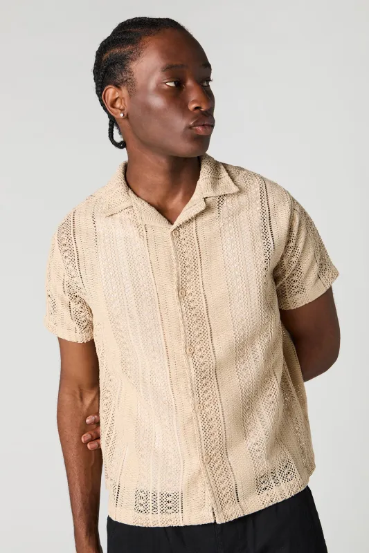 SYUMAN 24SS Crochet Short Sleeve Shirt ⁡ Half Crochet Pattern Short Sleeve Button Up Shirt - Cream