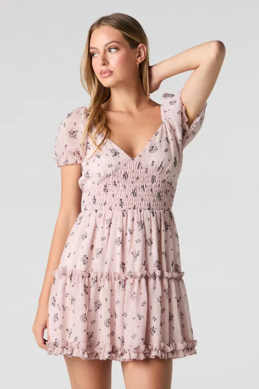 Floral Chiffon V-Neck Tiered Mini Dress sold by Urban Planet