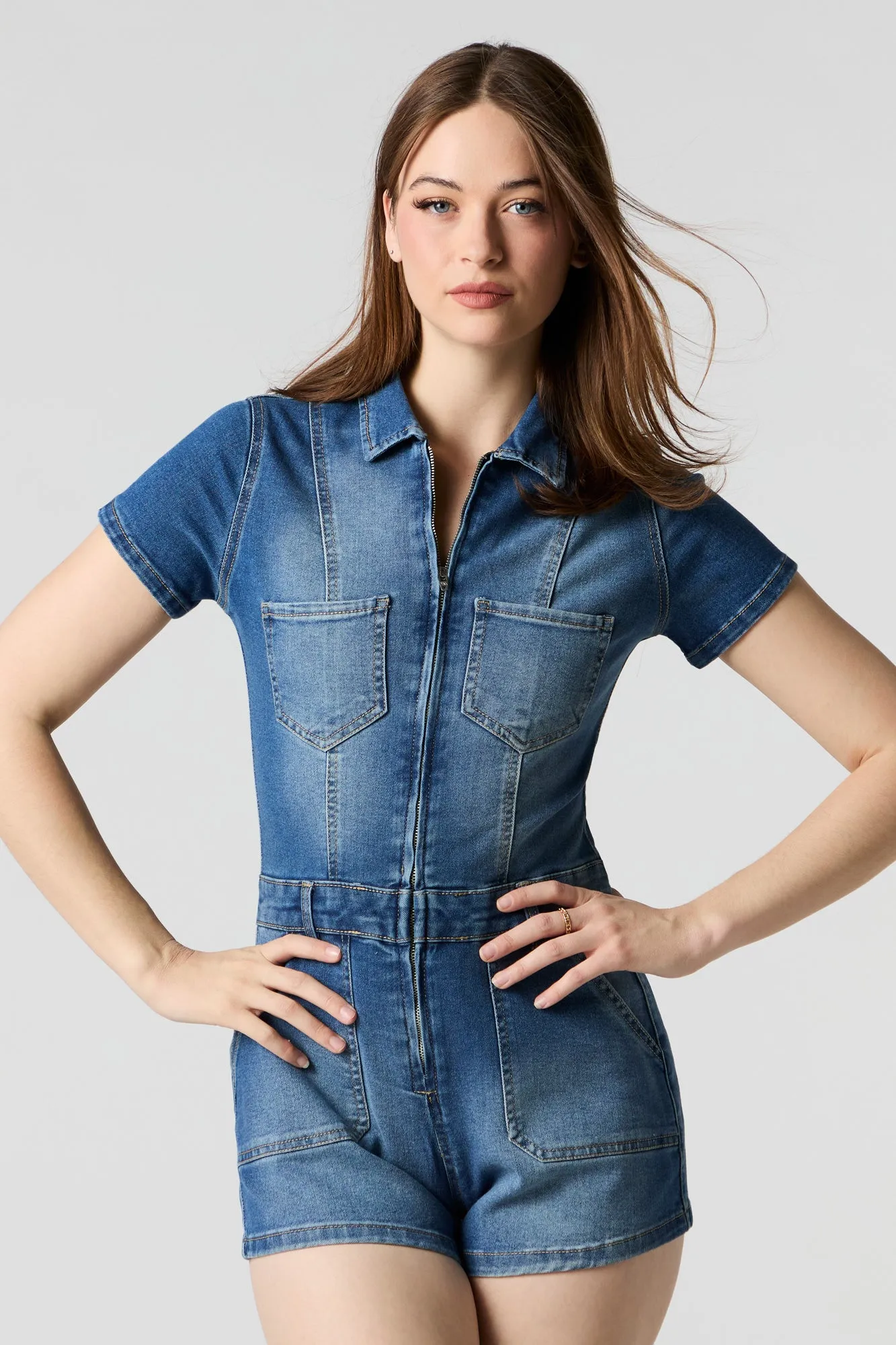Denim Zip-Up Romper sold by Urban Planet product image thumbnail 4