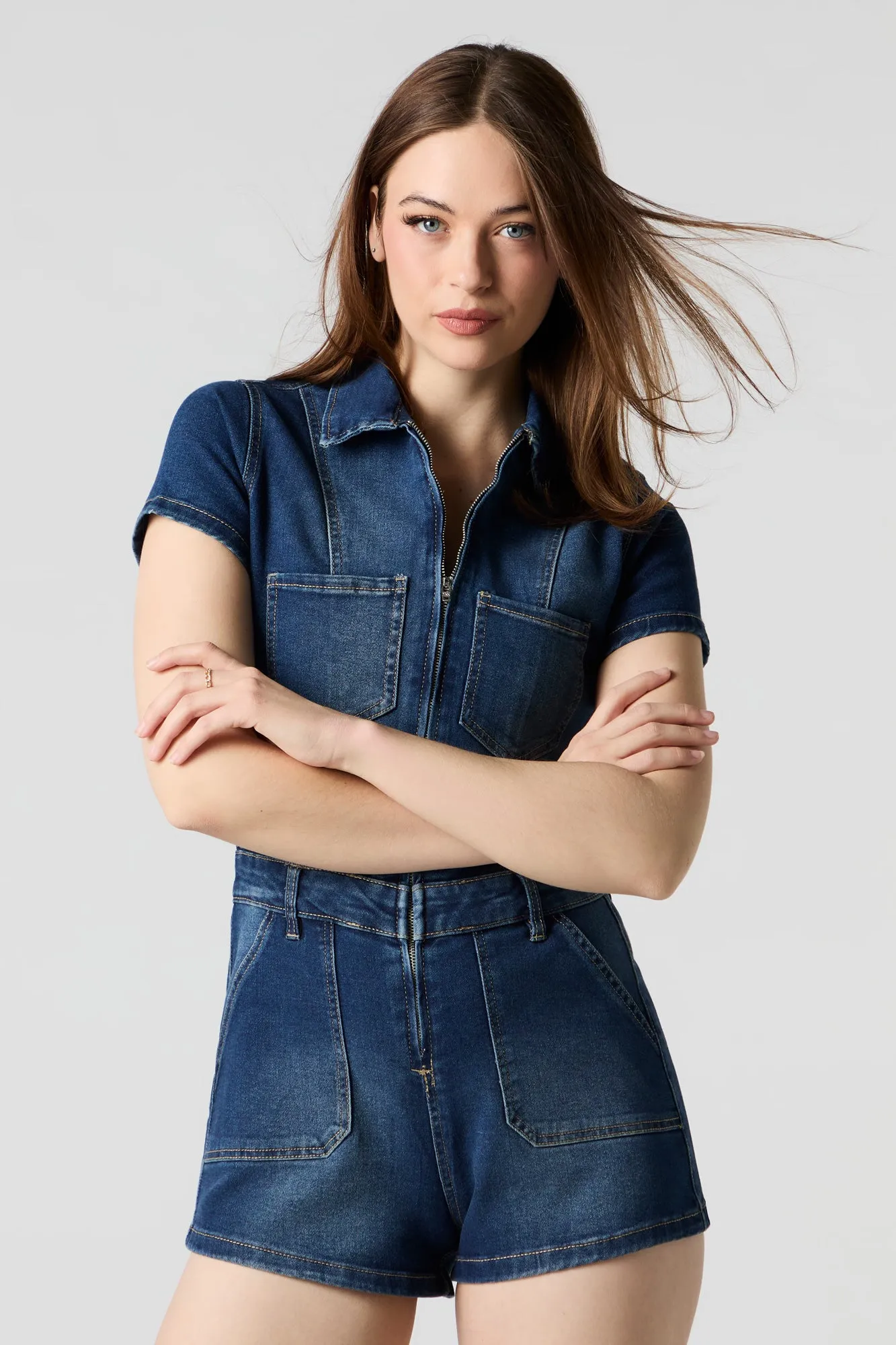 Denim Zip-Up Romper sold by Urban Planet