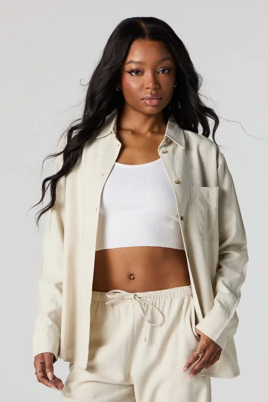 Linen-Blend Long Sleeve Button-Up Top sold by Urban Planet
