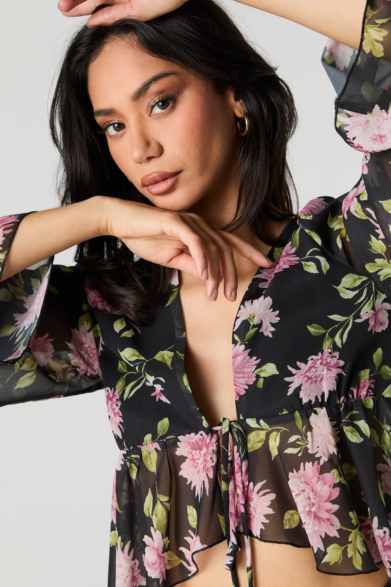 Floral Chiffon Tie Front Long Sleeve Flowy Top sold by Urban Planet