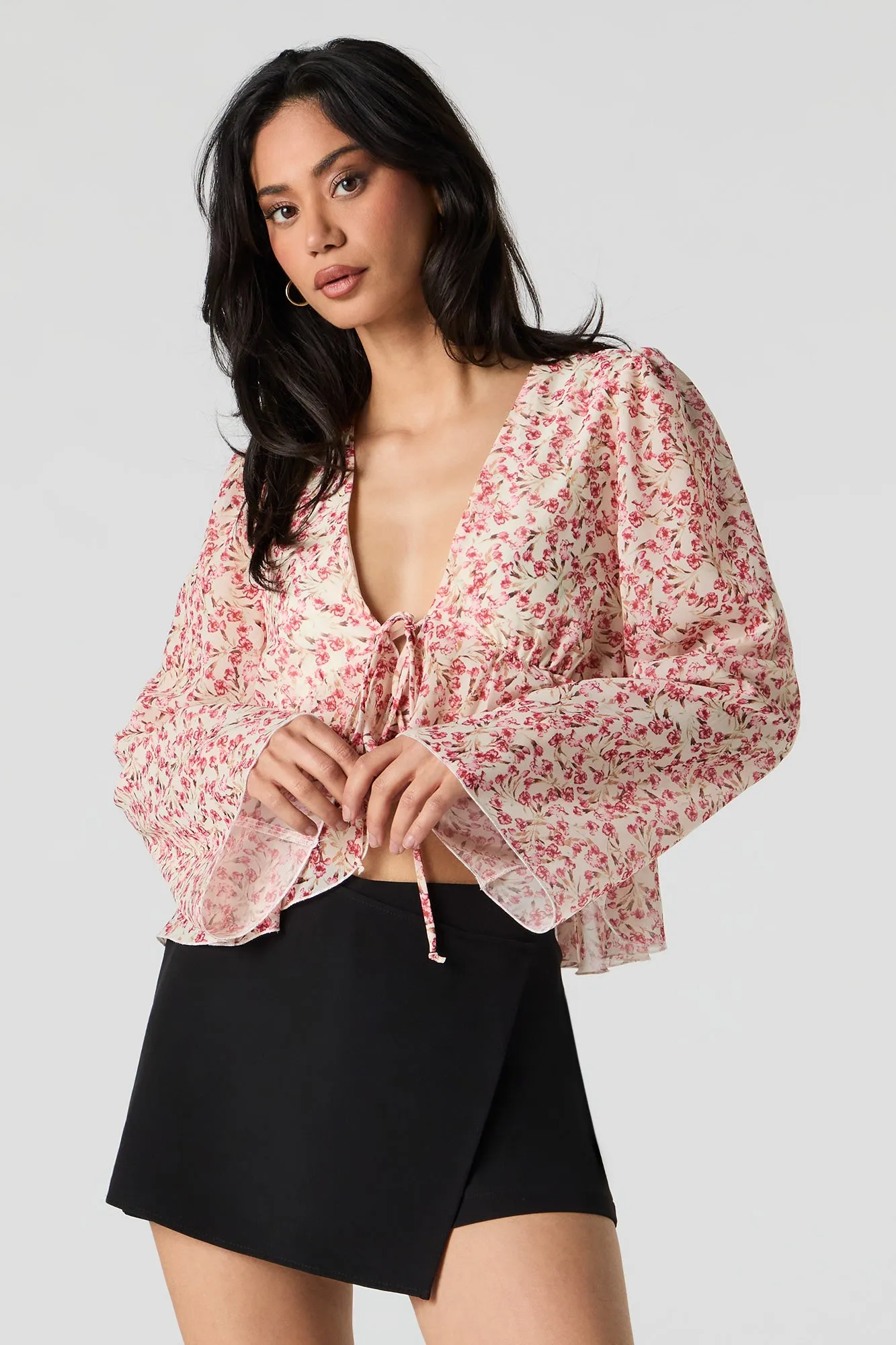 Floral Chiffon Tie Front Long Sleeve Flowy Top sold by Urban Planet product image thumbnail 5