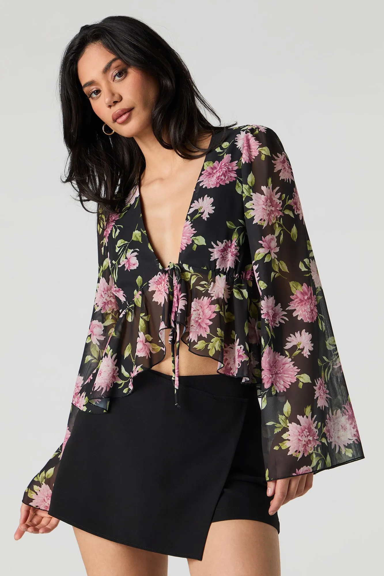 Floral Chiffon Tie Front Long Sleeve Flowy Top sold by Urban Planet product image thumbnail 4
