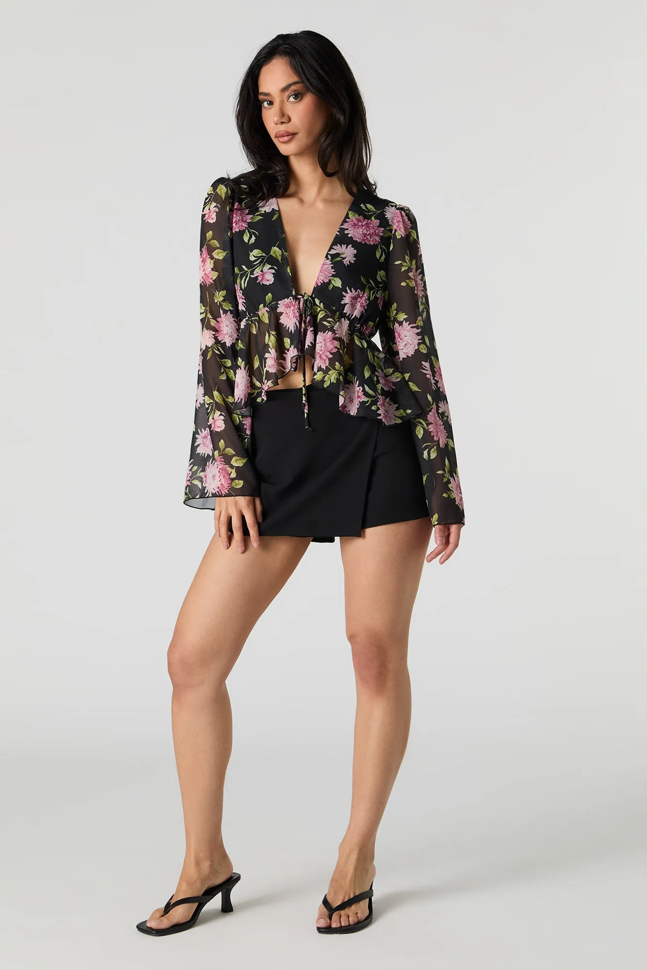 Floral Chiffon Tie Front Long Sleeve Flowy Top sold by Urban Planet product image thumbnail 3