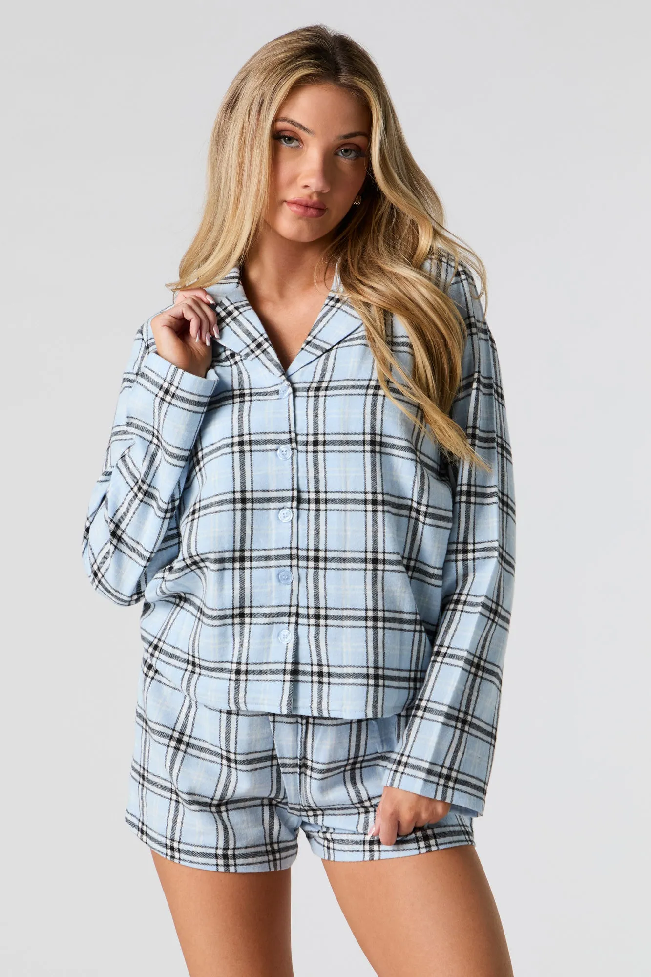 Flannel Button-Up Top & Short 2 Piece Pajama Set sold by Urban Planet product image thumbnail 4