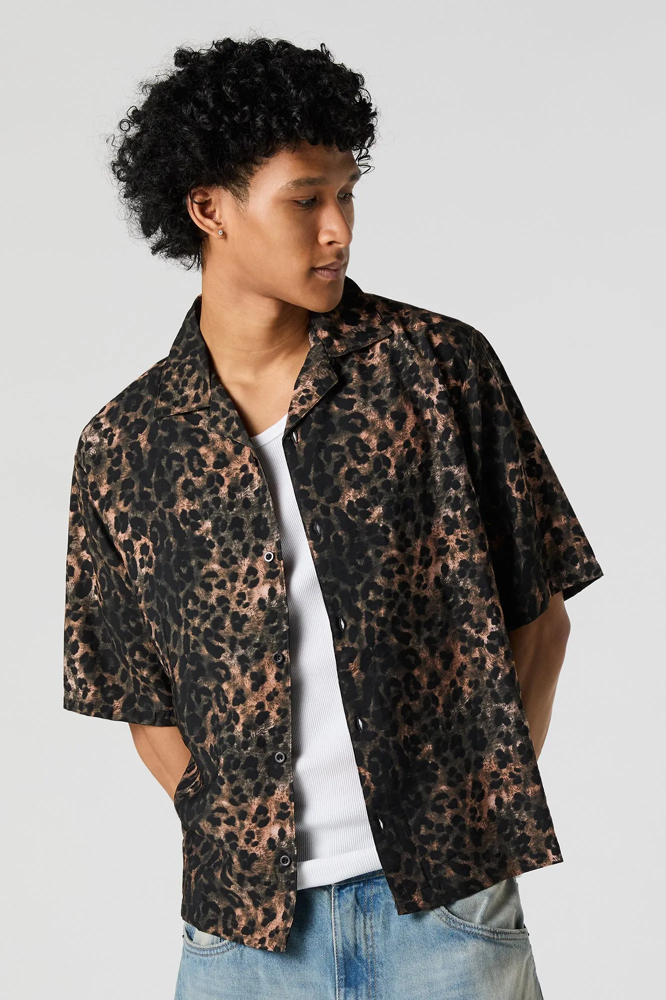 Cheetah Print Short Sleeve Button-Up Top sold by Urban Planet