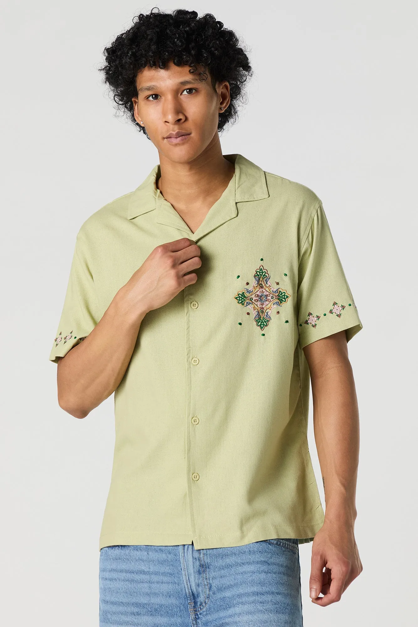 Linen-Blend Embroidered Button-Up Top sold by Urban Planet