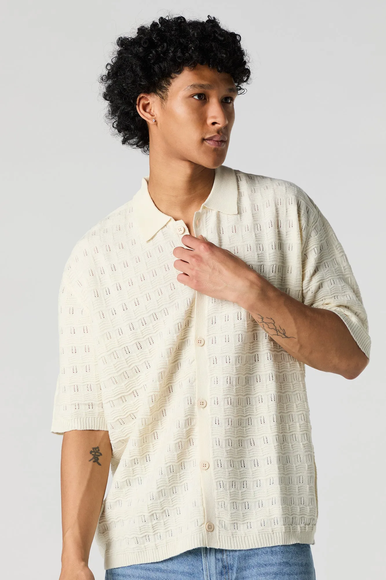 Textured Open Knit Button-Up Top sold by Urban Planet
