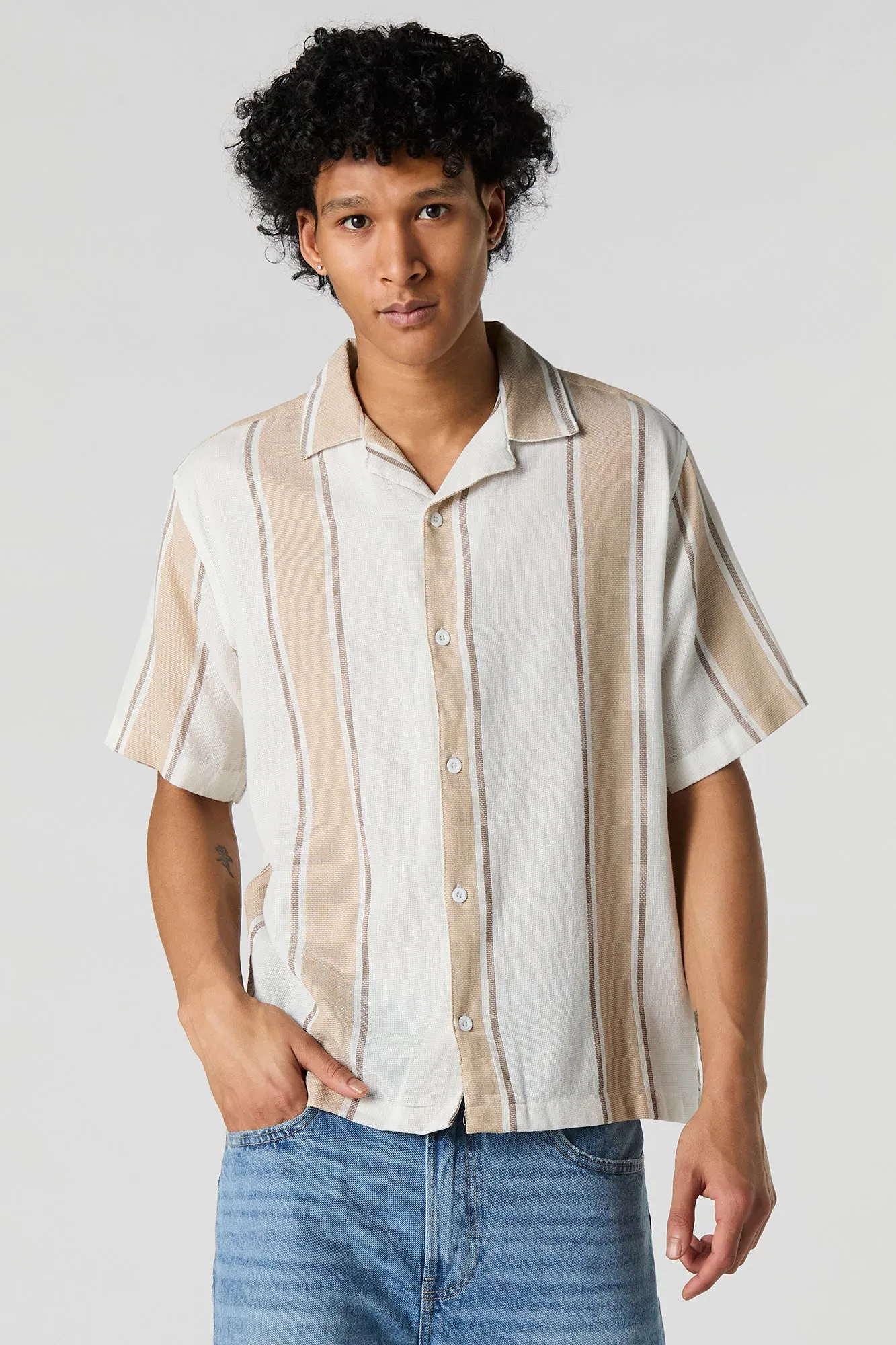 Linen-Blend Striped Button-Up Top sold by Urban Planet