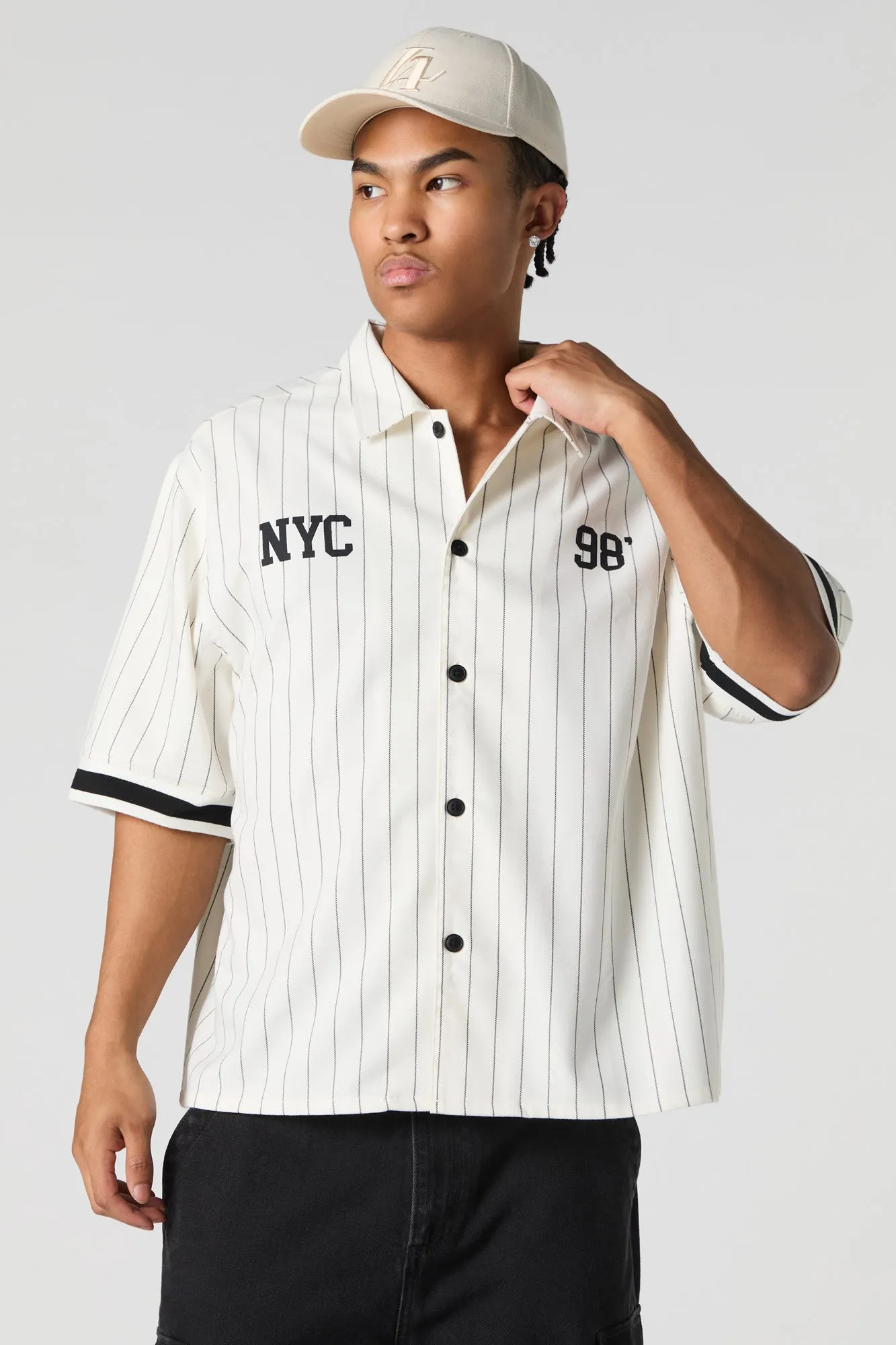 City Graphic Pinstriped Button-Up Top sold by Urban Planet