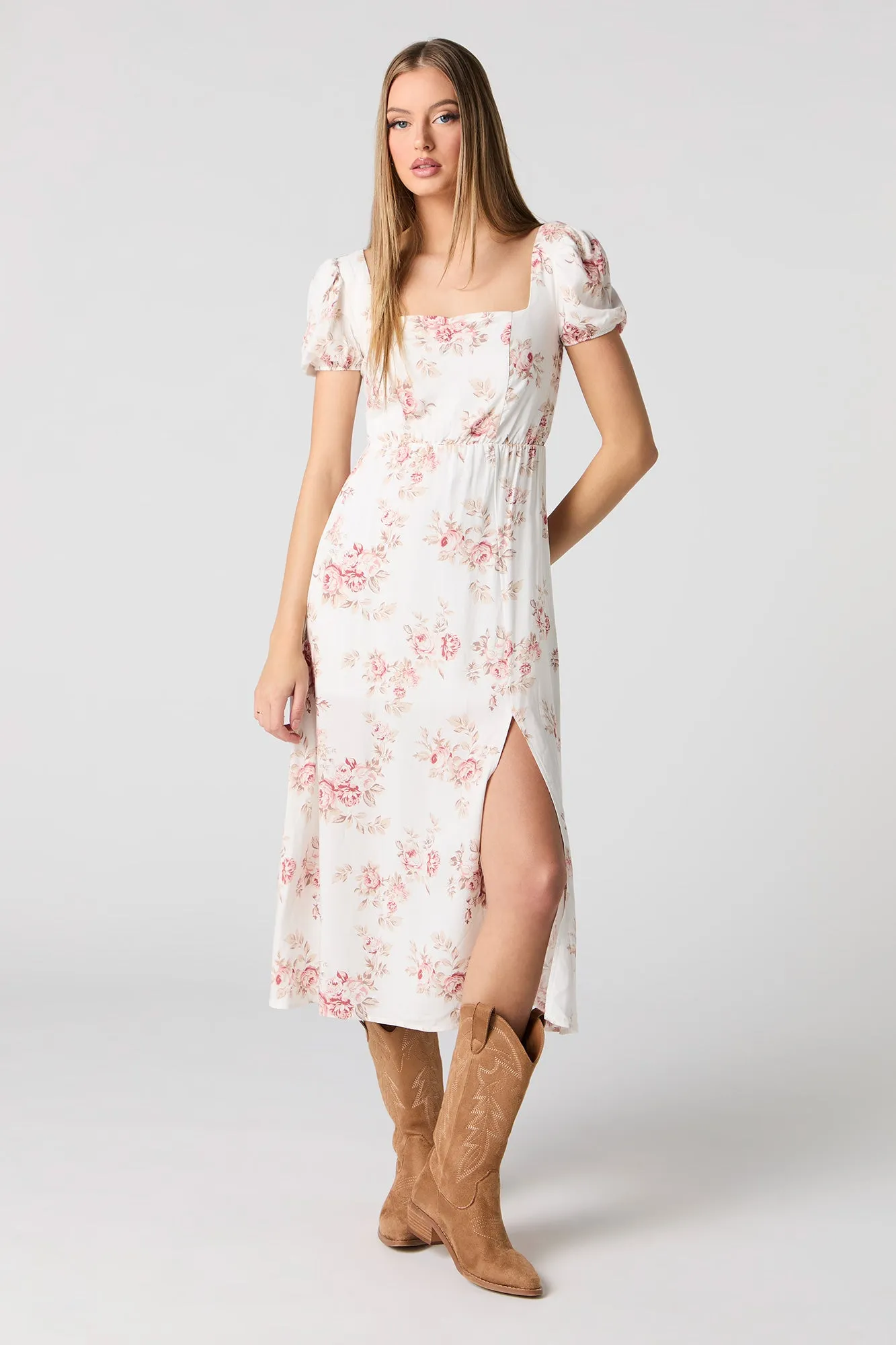 Floral Puff Sleeve A-Line Midi Dress sold by Urban Planet