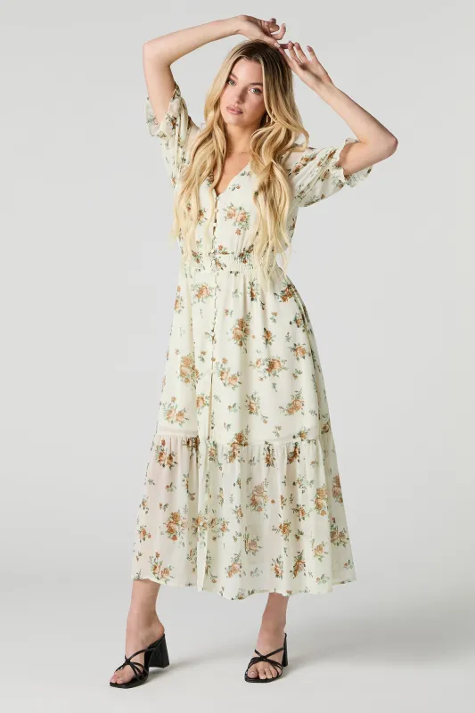 Chiffon Puff Sleeve Button Front Midi Dress sold by Urban Planet