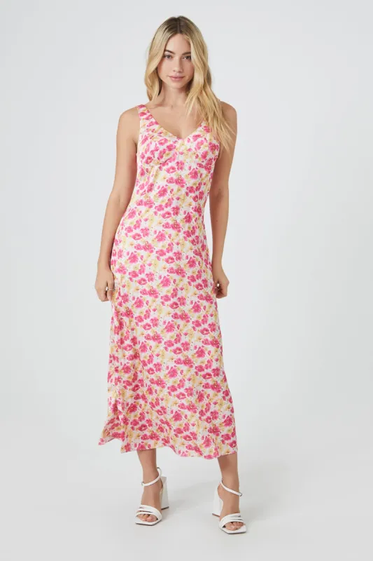 Satin Floral Print V-Neck Midi Dress sold by Urban Planet
