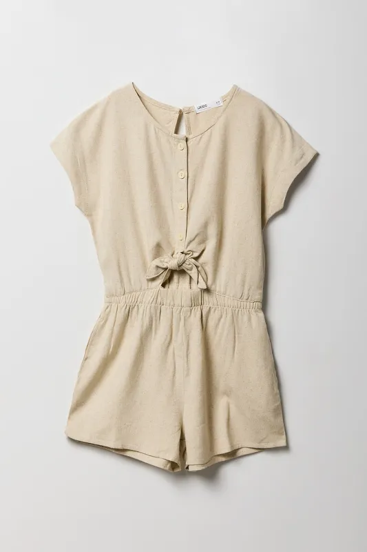 Girls Linen Front-Tie Cut-Out Buttoned Romper sold by Urban Planet