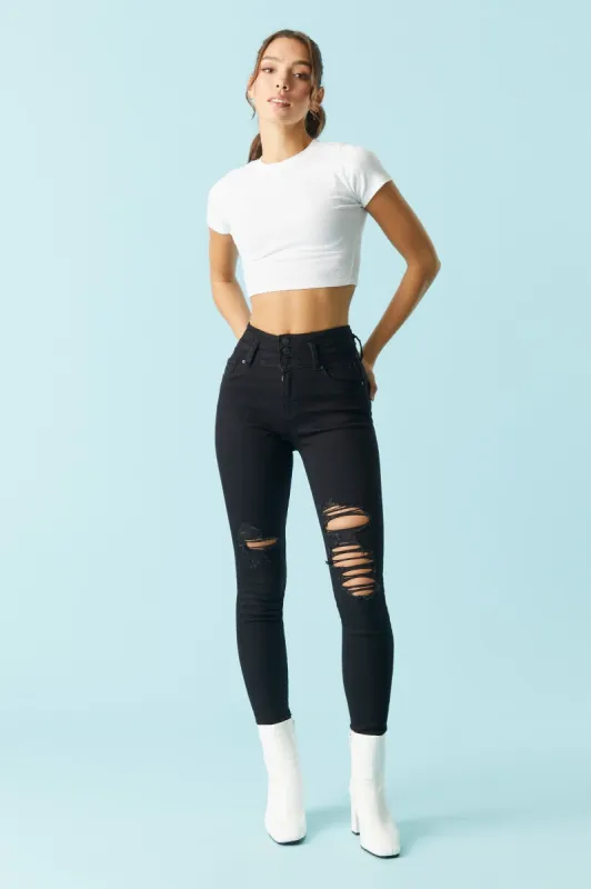 Refuge Distressed Black 3-Tier High-Rise Push-Up Skinny Jean sold by Urban Planet