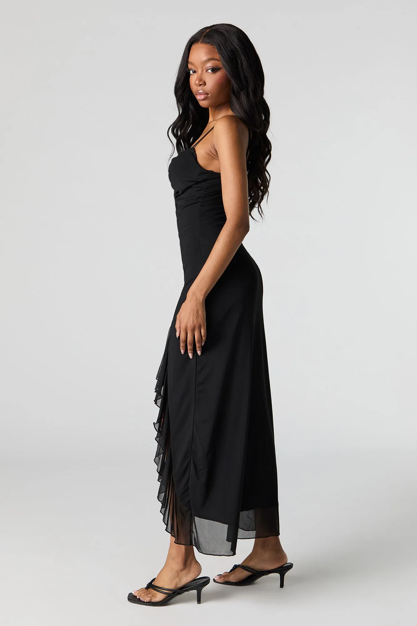 Mesh Cowl Neck Ruffle Slit Maxi Dress sold by Urban Planet product image thumbnail 5