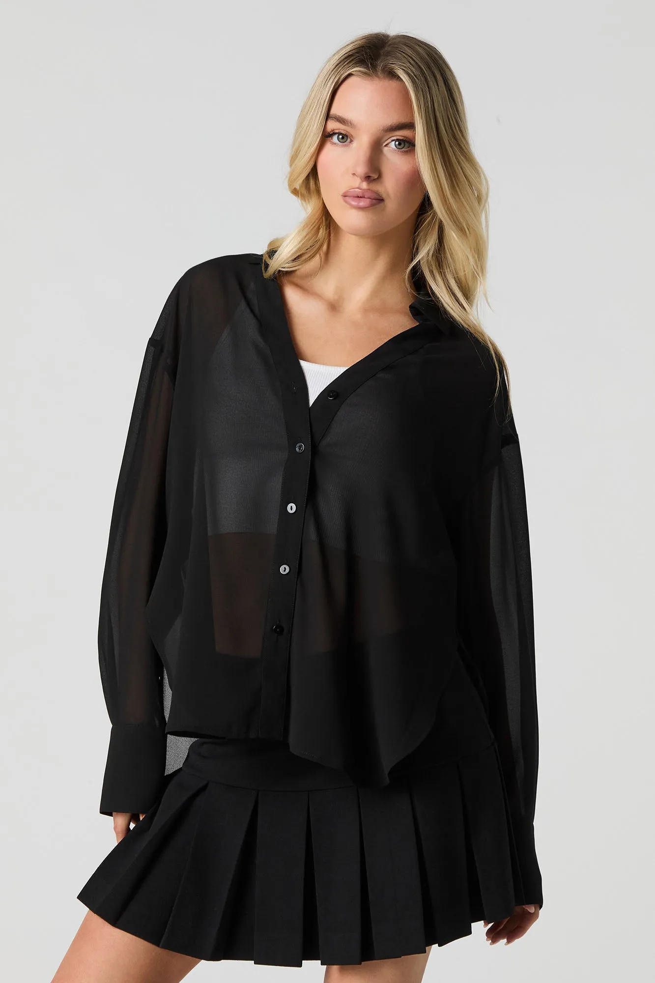 Semi Sheer Long Sleeve Button-Up Top sold by Urban Planet product image thumbnail 4