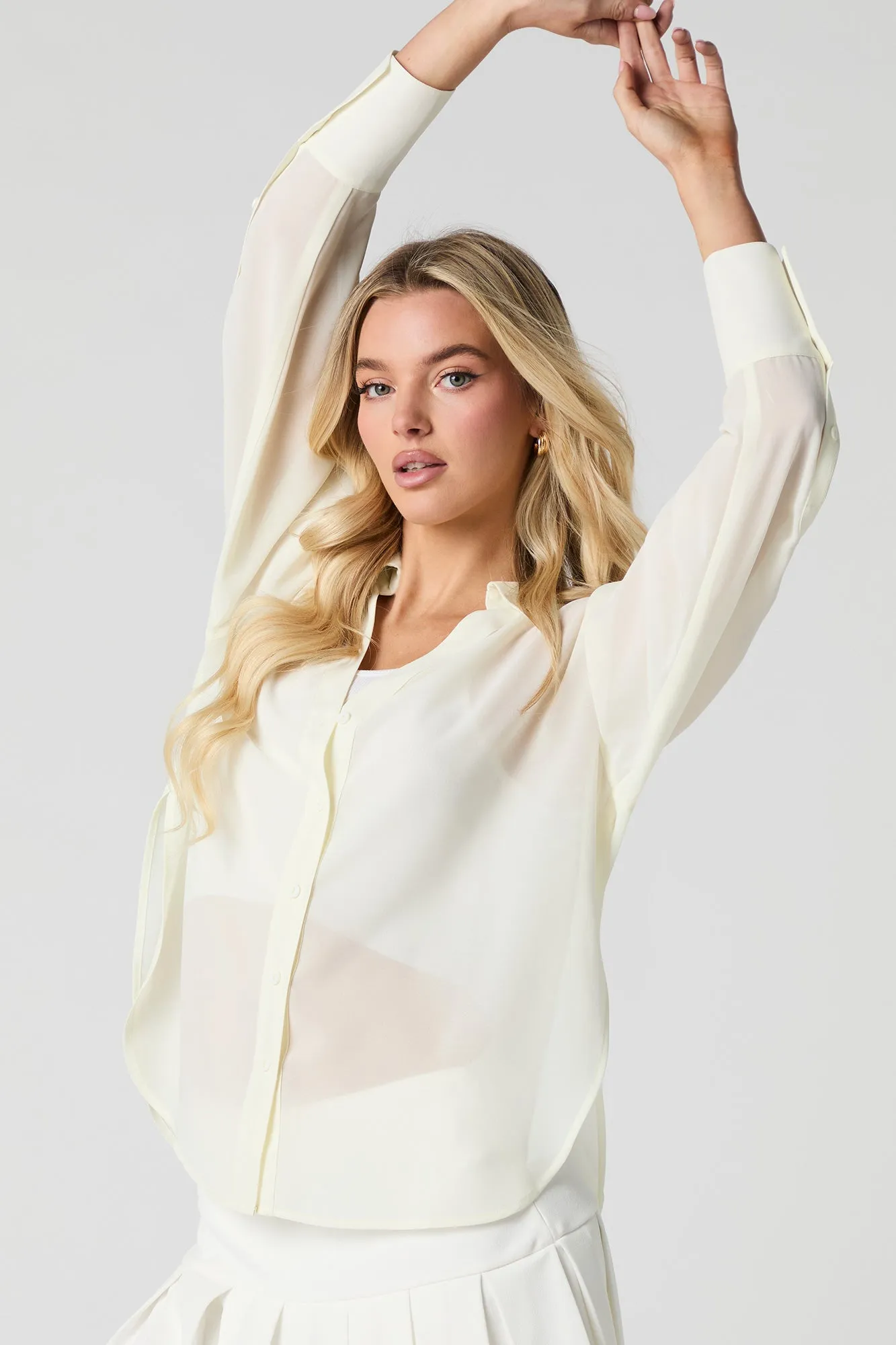 Semi Sheer Long Sleeve Button-Up Top sold by Urban Planet