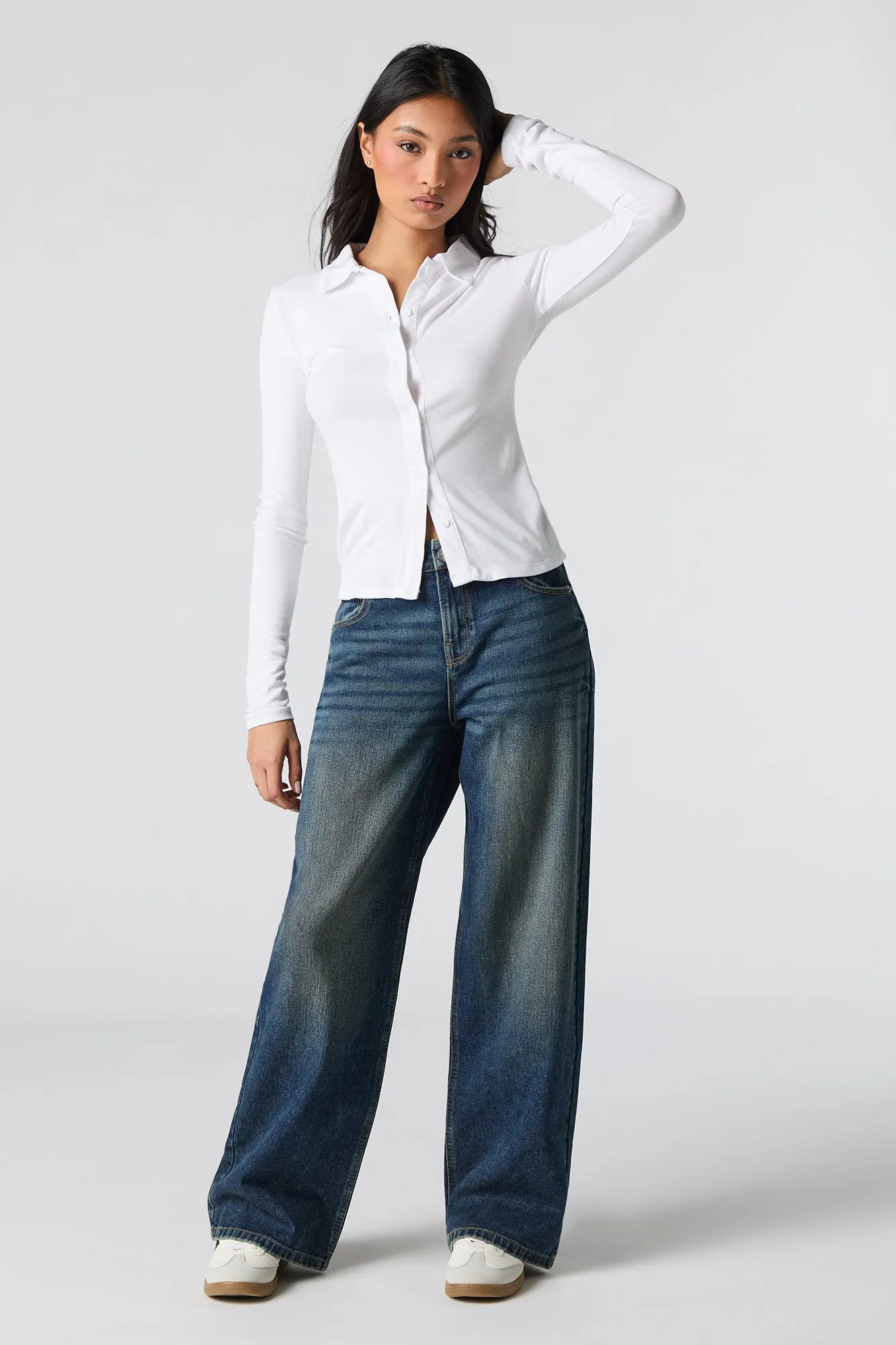 Jean extensible à jambe large délavé foncé vintage à taille basse sold by Urban Planet