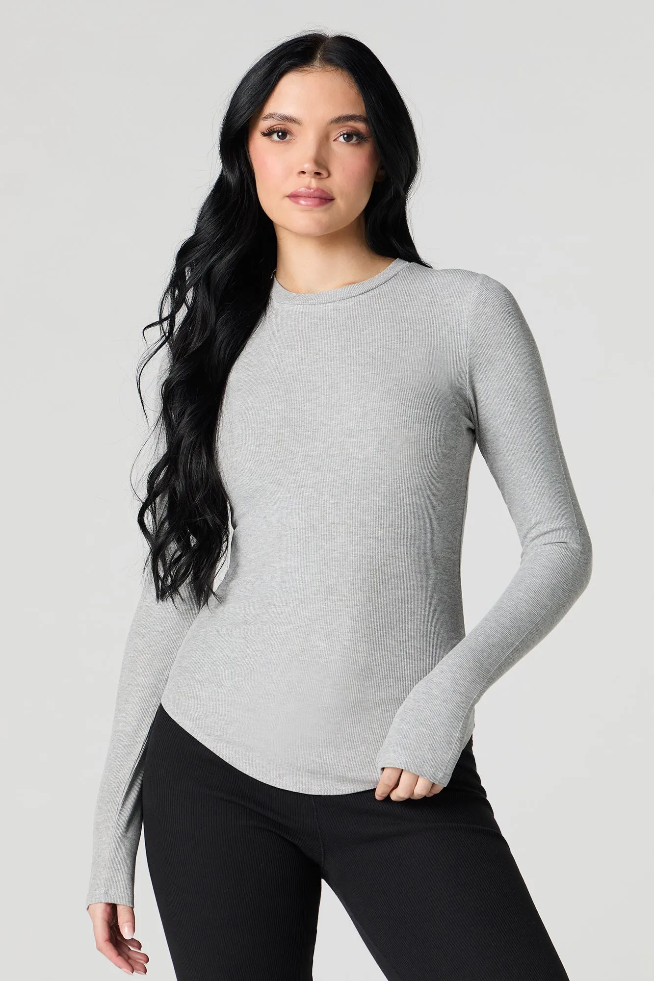 Ribbed Curved Hem Long Sleeve Top sold by Urban Planet