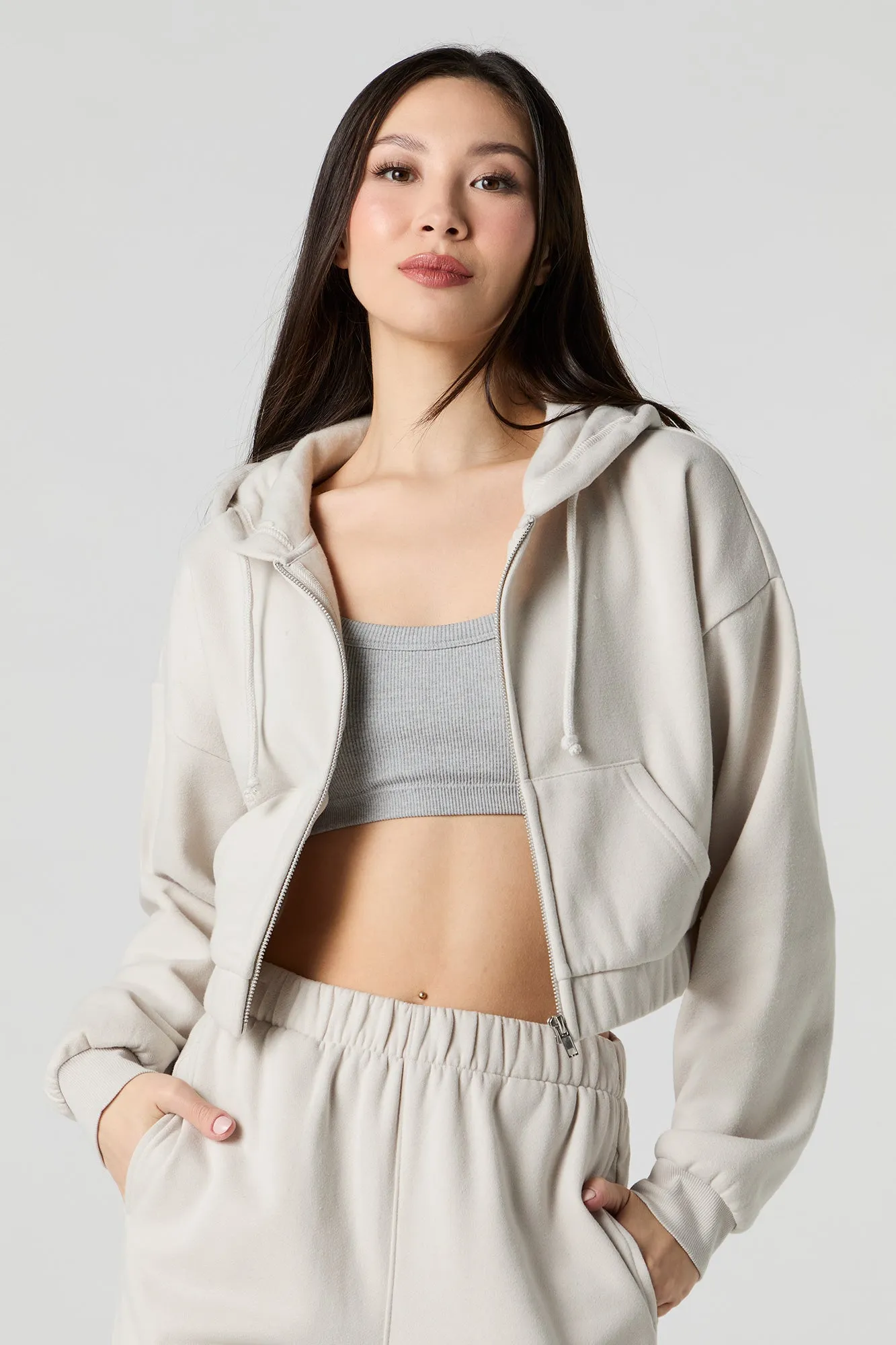 Fleece Cropped Zip-Up Hoodie sold by Urban Planet