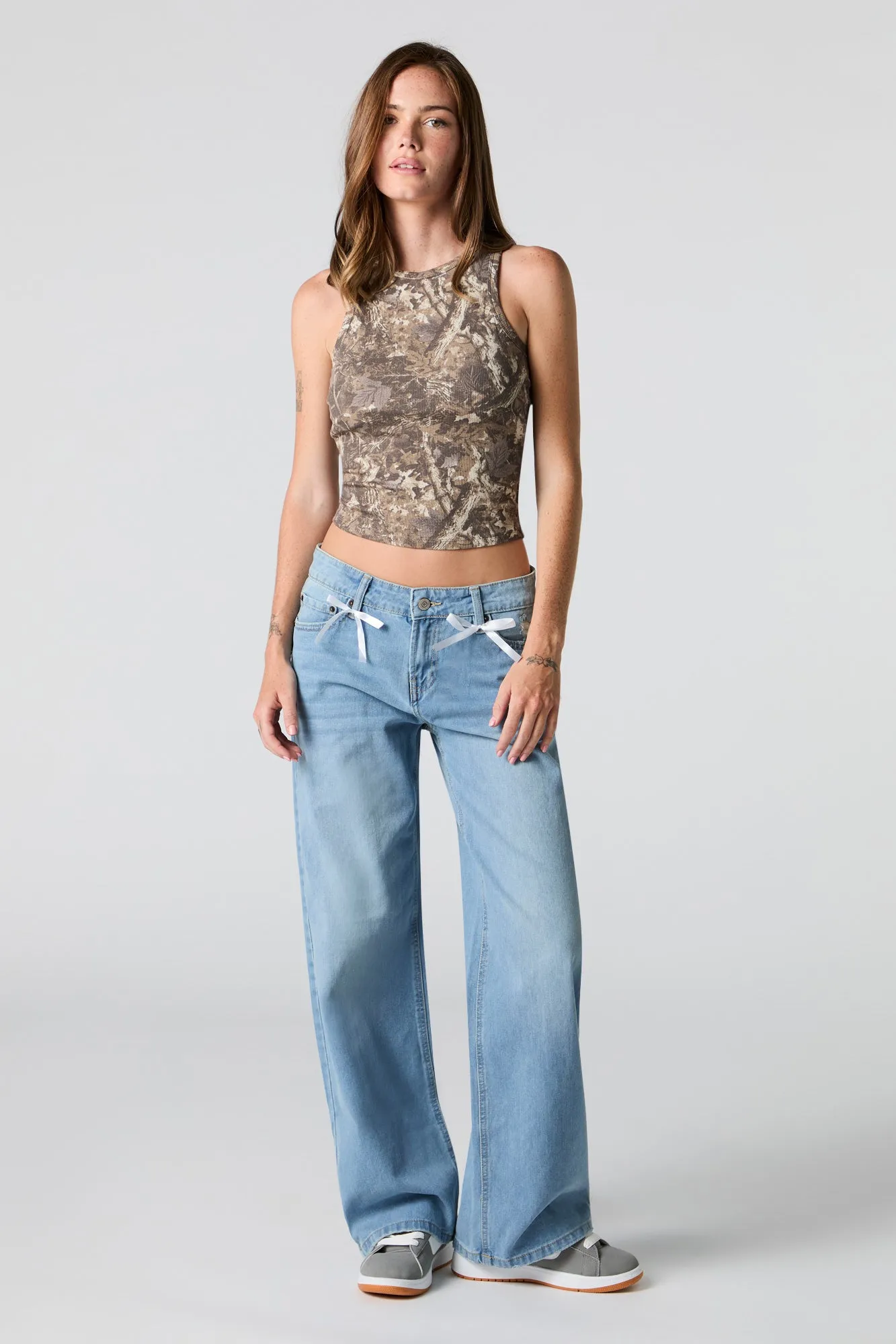 Rigid Distressed Bow Detail Low Rise Wide Leg Jean sold by Urban Planet