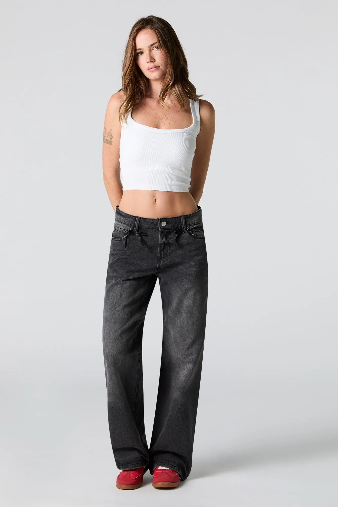 Rigid Bow Detail Low Rise Wide Leg Jean sold by Urban Planet
