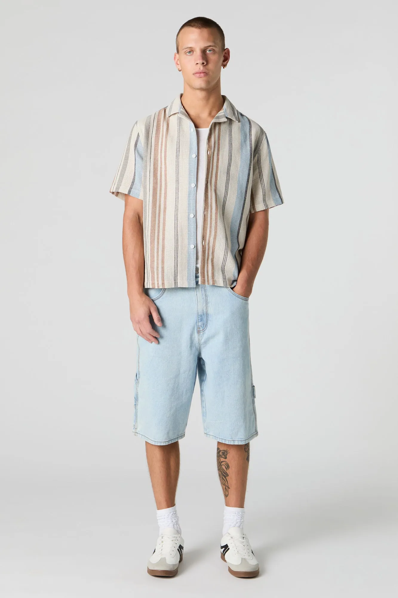 Textured Striped Short Sleeve Button-Up Top sold by Urban Planet product image thumbnail 3