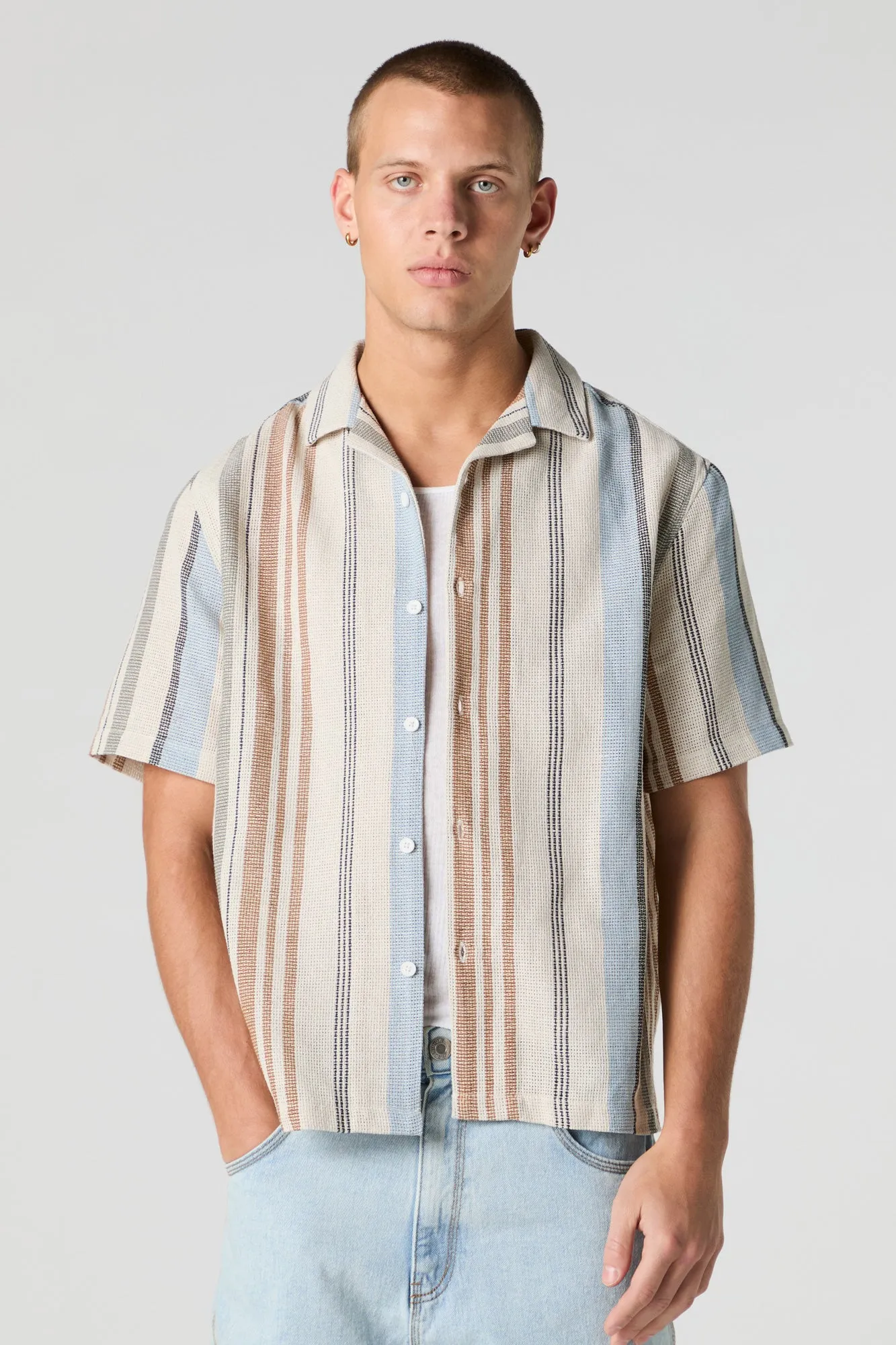 Textured Striped Short Sleeve Button-Up Top sold by Urban Planet